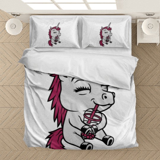 Boba tea drinking unicorn Bedding Sets