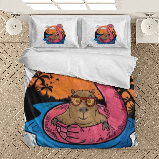 Capybara Swimming Pool Gifts Men Flamingo Capybara Bedding Sets