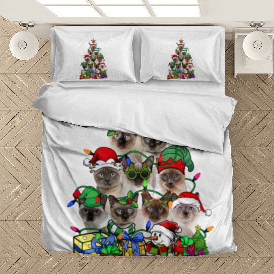 Cat Lover Funny Siamese Tree Christmas Light Bedding Sets