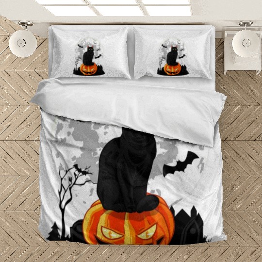 Black Cat On Pumpkin Bedding Sets Full Moon Halloween