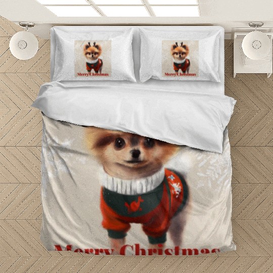 Sweet Miniature Spitz pomeranian in a Christmas. Bedding Sets