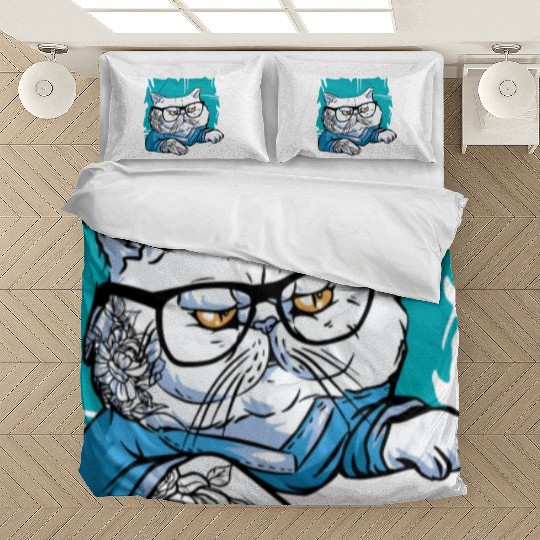 Stylish Nerd Persian Cat Beanie Glasses Tattoo Bedding Sets