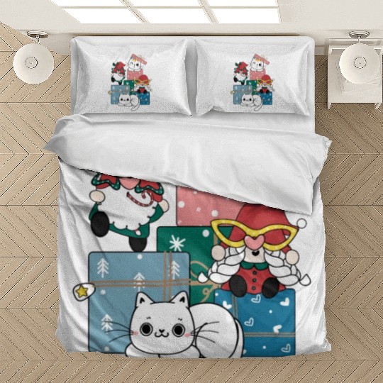 cute gnome and kitty cats on present gift box Bedding Sets