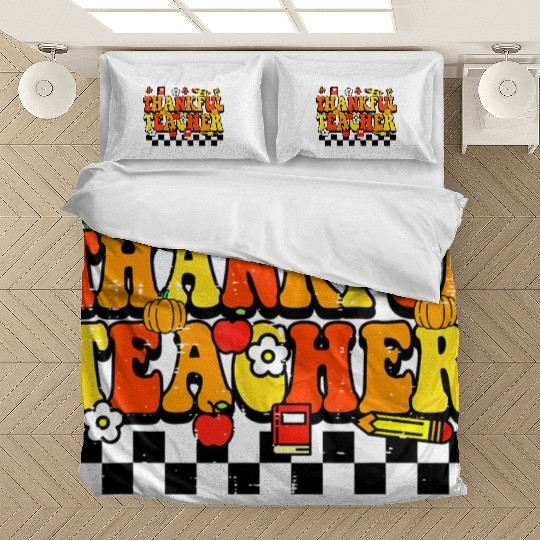 Thankful Teacher Retro Groovy Thanksgiving Fall Bedding Sets