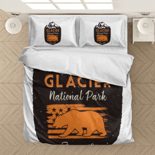 Glacier National Park US Flag Grizzly Bear Bedding Sets