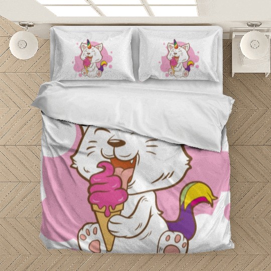 Cat Eating Ice Cream Rainbow Cat Lady Gift Idea Bedding Sets