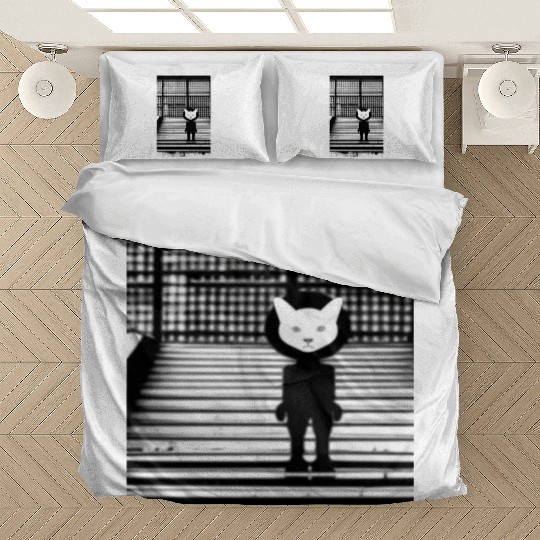 White Cat in Bedding Sets Standing on the Steps - Street