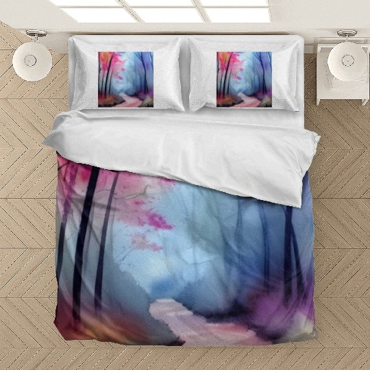 Pink and blue watercolor trees Bedding Sets
