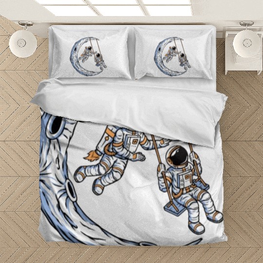 Astronauts on swing on moon Bedding Sets