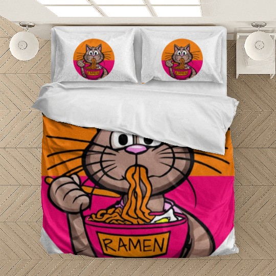 Colorful Ramen Cat Orange and Pink Bedding Sets