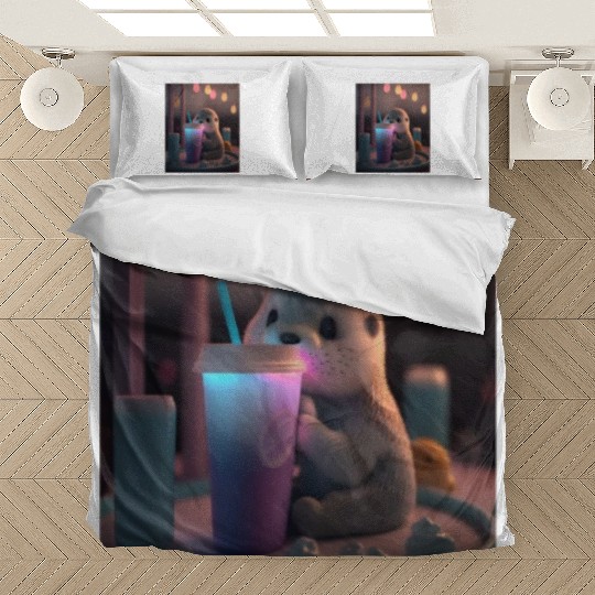 Kawaii Otter Pet Otter Drinking Boba Tea Bedding Sets