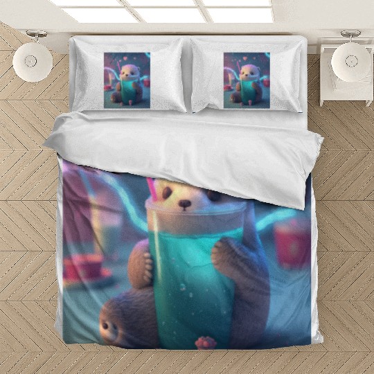 Kawaii Otter Pet Otter Drinking Boba Tea Bedding Sets