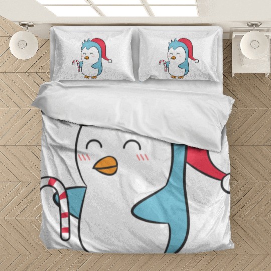 Cute Penguin with Christmas Hat and Candy Cane Bedding Sets