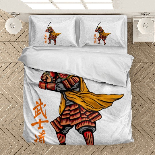Japanese samurai warrior orange and yellow mask Bedding Sets