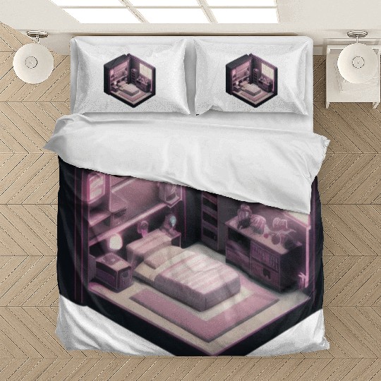 Isometric Voxel Bedroom - Synthwave Future Render Bedding Sets