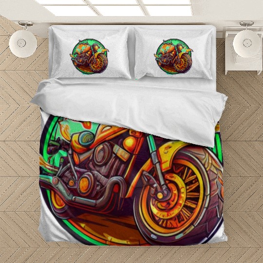 Orange Motorcycle on Green Background Bedding Sets