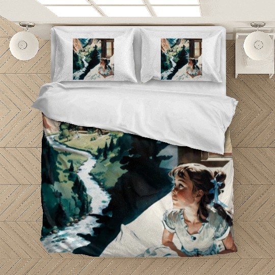 A painting girl sitting a bed looking out a windo Bedding Sets