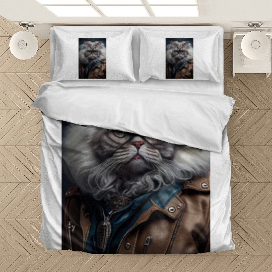 Persian Cat Breed Portrait wears a leather jacket Bedding Sets