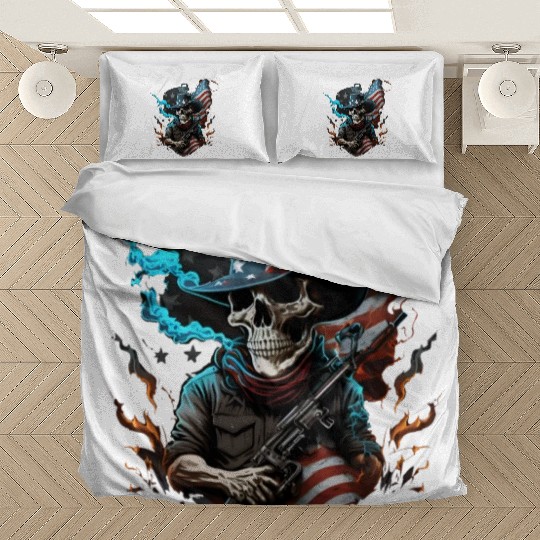Skeleton with a gun, American flag Bedding Sets