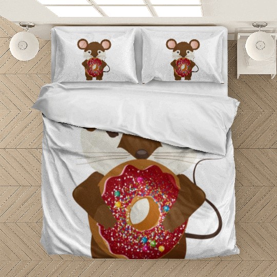 cute brown mouse with delicious donut Bedding Sets