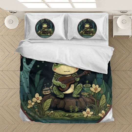 Kawaii Frog Guitar Cottagecore Aesthetic Bedding Sets