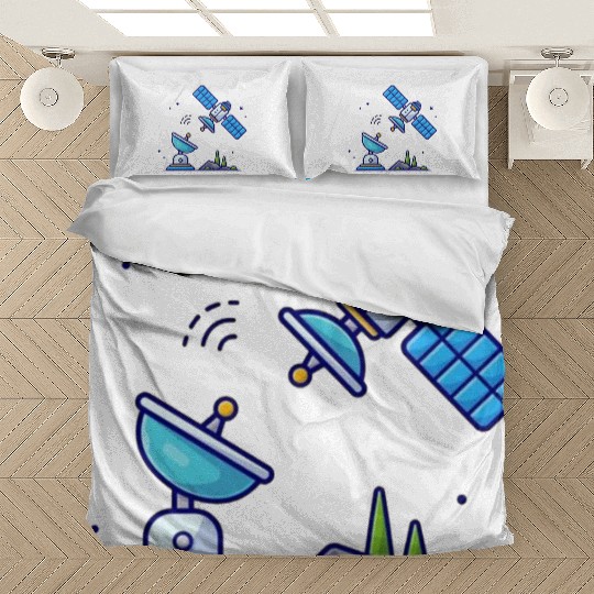 Flying satellite with antenna space Bedding Sets