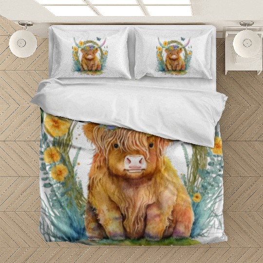 Highland Cow With Colorful Flowers Bedding Sets