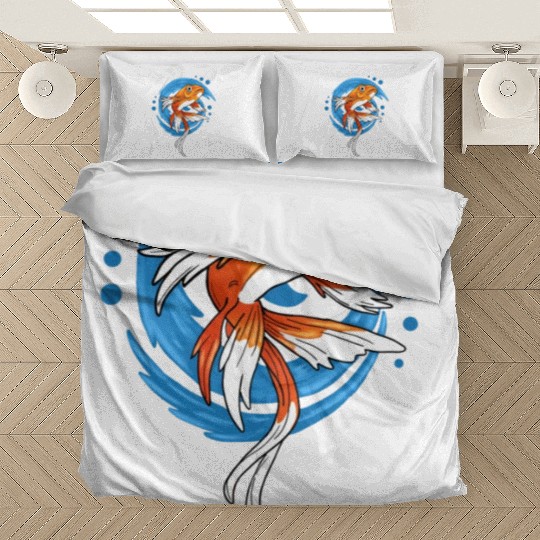 Carp Koi Fish on Blue waves green Bedding Sets