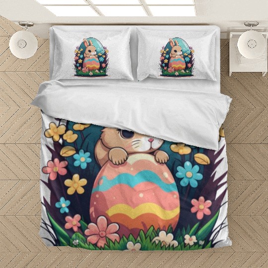 Easter magic: cheerful bunny next to colorful eggs Bedding Sets