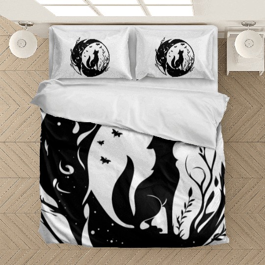 Pretty Cute Tattoo Style Fox In The Moon Bedding Sets