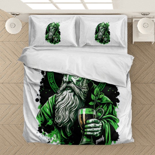 Funny Drunk Saint Patrick drinking beer by gnarly Bedding Sets