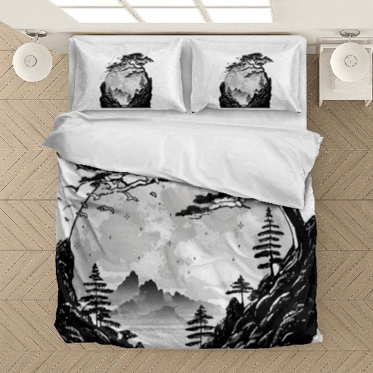 Japanese Mountain Landscape Gothic Full Moon Fores Bedding Sets