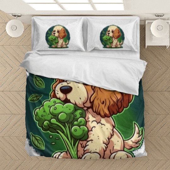 Cute dog eats green broccoli vegetables Bedding Sets
