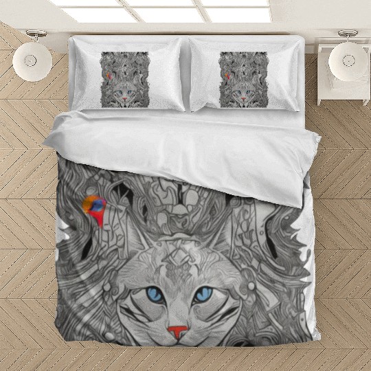 Psychedelic cat with bird Bedding Sets