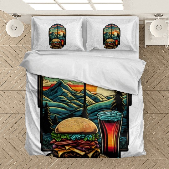 Church window with hamburger burger and drink Bedding Sets