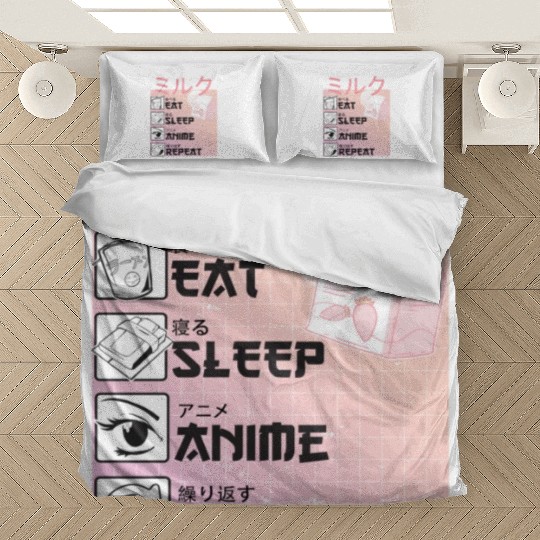 Eat Sleep Anime Repeat Straweberry Milk Japanese Bedding Sets