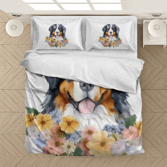 Bernese Mountain Dog Watercolor Floral Bedding Sets