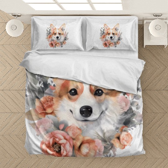 Corgi Dog Watercolor Floral Bedding Sets