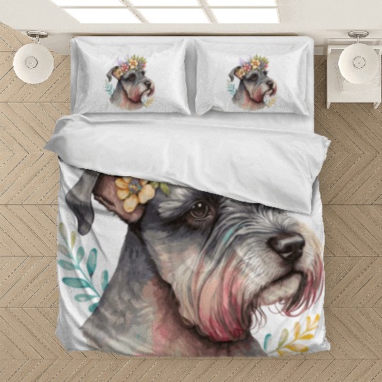 Cute Miniature Schnauzer Flower Crown Pet Dog Flor Bedding Sets