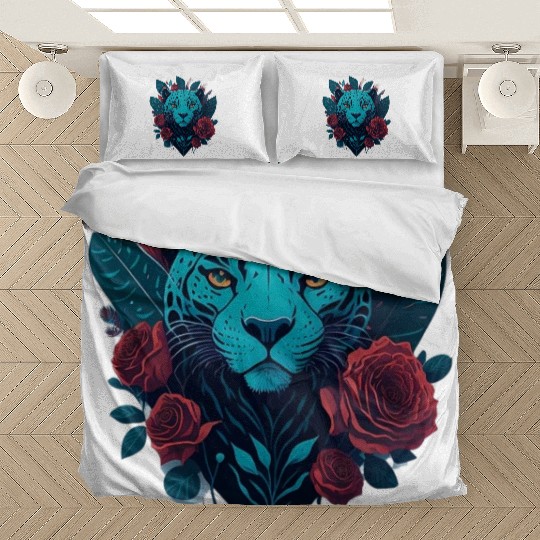 cute jaguar with red flowers Bedding Sets