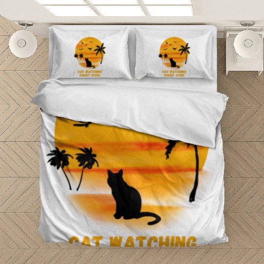 Cat watching sunset scene - Cat Lover Bedding Sets