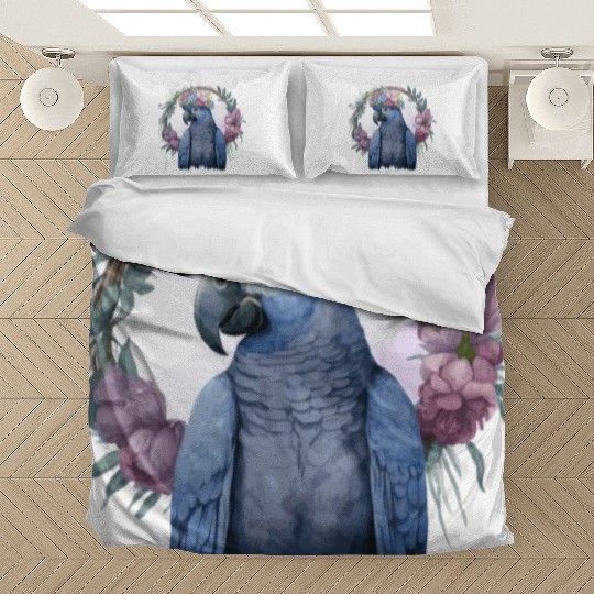 Watercolor Hyacinth Macaw Parrot Bird Flower Crown Bedding Sets