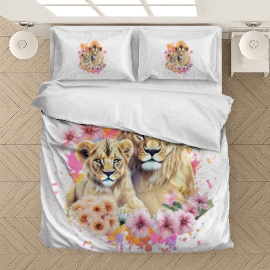 Lion Mom & Son Cubs with Flower Watercolor Bedding Sets