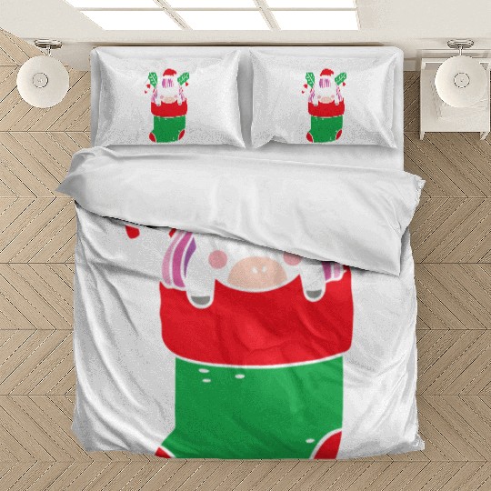 Cute Unicorn inside Christmas Sock with Candy Cane Bedding Sets