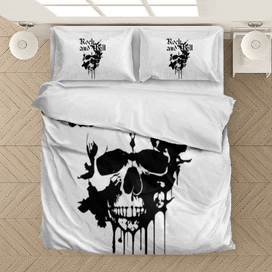 rock and roll skull with black and white ink Bedding Sets