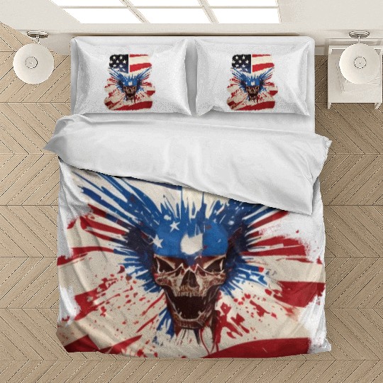 Angry Skull Bursting Through US Flag Bedding Sets