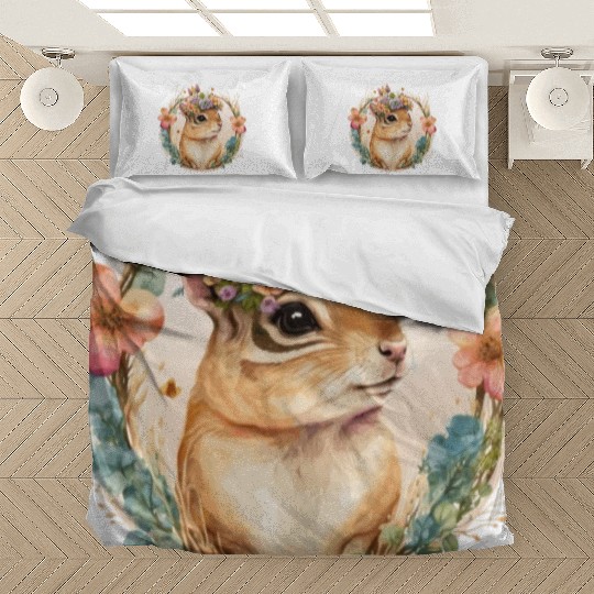 Cute Watercolor Chipmunk Flower Crown Floral Roden Bedding Sets