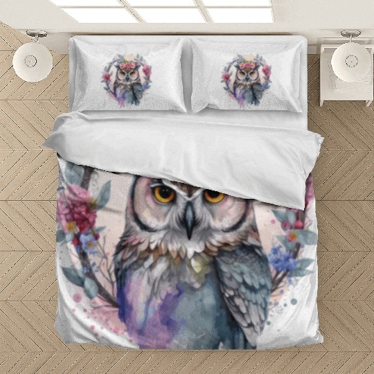 Watercolor Owl Flower Crown Artistic Floral Birds Bedding Sets