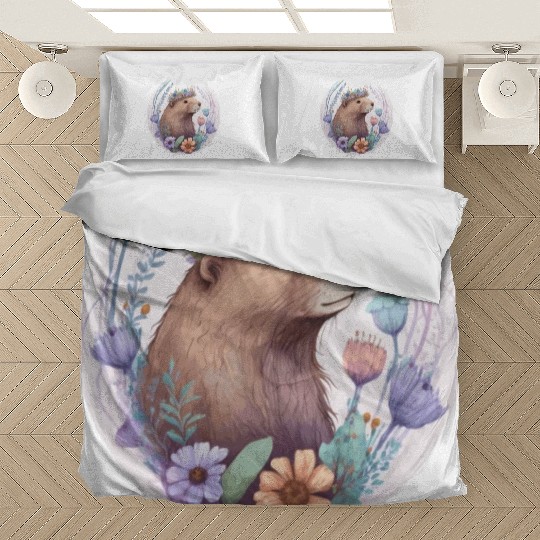 Cute Watercolor Beaver Flower Crown Bedding Sets