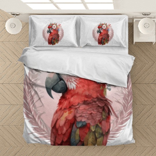 Red Scarlet Macaw Flower Crown Parrot Watercolor B Bedding Sets